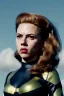 Placeholder: retro portrait image from 1960, sky background, wind, long red hair, fighting stance, sweet young Scarlett Johansson, black dress, classic long tight lycra black suit, gold bracelet and belt, high heel boots, superhero style, soft color, highly detailed, unreal engine 5, ray tracing, RTX, lumen lighting, ultra detail, volumetric lighting, 3d, finely drawn, high definition, high resolution.