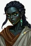 Placeholder: Please generate a female earth genasi cleric in the tempest domain for D&D. She should have dark-colored skin with glittering sparkles like gem dust. She should have lines marking her skin like cracks, showing glimmering gem-like veins and a faint glow. Her hair should appear carved of crystal. She should be in her mid-40s and curvy and fully-clothed in cleric robes.