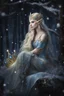 Placeholder: Elven princess,elven crown,long blonde golden hair,rapunzel hair,ice flowers,beautiful,light blue,dark blue,golden armor,sparkle,glitter,ice flowers,snow,elven ears,dark fairy princess