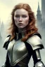 Placeholder: ultrarealistic, concept art, ruined city,__intricate fantasy armor__, no star, __angles__, 18 year old woman, strikingly beautiful,ginger hair, _colour_, (pale __skincolor__ skin:1.2), __camera__, _hair_, detailed face and eyes, medium breasts, fantasy theme, freckles, dynamic pose, resolved expression, __accessory__, strappy outfit, (straps:1.1), sword in scabbard on left hip, (buckles, buttons, snaps, rings:1.0), haltertop style breastplate, detailed eyes, plump lips