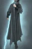 Placeholder: Tall Wizard, dark broody, long staff in hand, grey cloak, photorealistic, lightning background, fedora