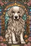 Placeholder: stained glass window design of an overwhelmingly beautiful dog framed with vector flowers, long shiny, wavy flowing hair, polished, ultra-detailed vector floral illustration mixed with hyper realism, muted pastel colours, vector floral details in the background, muted colours, hyper-detailed ultra intricate overwhelming realism in a detailed complex scene with magical fantasy atmosphere, no signature, no watermark