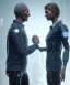 Placeholder: detroit become human, two people looking at each other, real Handshake 10 fingers , sci-fi fantasy style, volumetric lighting, particales,highly detailed,cinamatic, deep colours,8k.