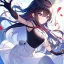 Placeholder: Clear focus,High resolution,High quality,Black sleeveless shirt, White Jacket that is falling off, Red ribbon in the back, Wearing a white skirt, Black gloves, Black long hair, Purple eyes