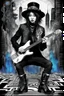 Placeholder: Mixed media picture, the background is black and white line art cyber city In the middle a colorful photo of an attraktive goth asian man playing on the old guitare , wearing goth dark cloths, shiny black jeans, steampunk black hat and black boots, his hair is deep blue-silver lines ans black colors, enhancing the contrast between her and the black and white cityscape space, cinematic