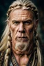 Placeholder: portrait of a 60-year-old viking , long blond hair with Two braids hung down neatly in front of his ears. Rugged face with a scar. blonde beard, fantasy