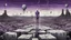 Placeholder: a nonbinary human figure stands inner in middle of an giant block of stone consisting of several layers outside around weird landscape with city in the distance, sharp lines, fade pale eyes, fade human figures in city, dark purple, gray, black, white, brown. Whimsical style and surreal vibe, lonely with absurd broken land, neuron network background, surreal nightmare vibe