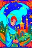 Placeholder: Muslim girl wearing a scarf with a dragon. trees . A sky colored with stars and planets. . And mosques