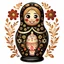 Placeholder: draw matryoshka dolls, the matryoshka is smiling, the kind sweet face of the matryoshka doll, behind the matryoshka Russian patterns in the style of Khokhloma, Khokhloma with gold and black flowers