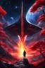 Placeholder: [spaceship, art of Casca from Berserk] The Stellaris nears the blue planet,Its red forests beckon with allure.The starship descends, flames ablaze,Through the celestial descent it endures.Stepping onto the crimson soil,The crew is awestruck by the vista.Towering trees, aglow with inner light,Creatures dart amidst the surreal landscape.