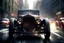 Placeholder: fantasy print illustration of a closeup of screaming hot rod in the middle of a street race on the big city street, hyper photorealistic, hyper detailed dark art color, high resolution, fog, octane render, tilt shift
