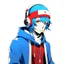 Placeholder: Arachno-Mix's appearance is a blend of retro and futuristic elements: Headwear: He wears a black beanie and a redhood mask with a blue bandana covering the lower half of his face. Hairstyle: Arachno-Mix has a unique mullet and ponytail combination. Accessories: White and blue headphones adorn his neck. Suit: His suit combines the top part of William Braddock's suit with the bottom half from the PS4 Spider-Man, featuring blue accents.