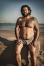 Placeholder: full figure shot photography of a tired chubby burly 38 years old ugly arab carpenter, shirtless, big nose, tattoo, unshaved, short curly hair, manly chest, angry eyes, open legs , at the beach in the sun, big shoulders, big tights, side light, ground view angle