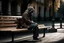 Placeholder: man sitting on a bench in the street, real photography