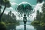 Placeholder: A skinny woman with a black bob hairstyle, in a green and silver robotic suit, standing, looking out over a lake, in an alien forest, with tall narrow cloud trees, with flying dandelion heads with octopus tentacles