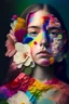 Placeholder: Unreal portrait of a girl whose half of the body is made of flowers of the color of the rainbow