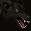 Placeholder: an angry scruffy black terrier on black background, yellow eyes, defined teeth, 30% lighter, vector illustration