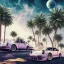 Placeholder: 1980's aesthetic vaporwave palm trees and spheres and Porsche with lightning