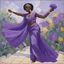 Placeholder: a naive painting of a haitian woman in a purple sari performing the flower dance, with her distinctive hand movements, thick lines, large areas of flat color, la ligne claire by Kupka