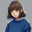 Placeholder: Teenage girl, korean, silky black jaw length with bangs, brown eyes,oval face, cute button nose, soft smile, anime style, blue sweater,