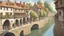 Placeholder: medieval buildings with balconies overhanging a river, blue sky and people, photorealism, trees, foliage, piers, ultra-sharp image, sharp focus