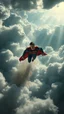 Placeholder: Superman flying above swirling clouds, emerges from the heart of a raging storm. Turbulent winds of steam swirl around the louds lit by shafts of sunlight that cast dramatic shadows on the strong body High quality 16k cinematic scene and great photography