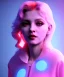 Placeholder: Artist, young madonna, android woman, sweet, blonde, white skin, long eyeliner, contour make-up, color leds lights, short hair, circuits, ghost in the shell, latex coat, feather, cyber punk, neon, bamboo, blood, portrait, studio photo, unreal engine 5, soft color, 16 bit, god lights, ray tracing, RTX, lumen lighting, ultra deatail, volumetric lighting, 3d, finely drawn, hd.