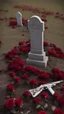 Placeholder: A grave in a field full of roses. Above the grave is a white lace scarf and a gun.cinematic