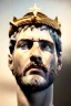 Placeholder: Realistic image, Roman sculpture made in white marble with gold veins, Lionel messi with gold laurel leaves crown, decorative star on the chest, waist up portrait,marble material, gold ornaments, Renaissance style, sun rays background, epic, celestial, cinematic lighting, God lights, 4k resolution, smooth details, soft lighting, unreal engine 5, art station, substance 3d.