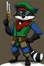 Placeholder: Make a Sly Cooper oc. He is a raccoon with sleek, charcoal-gray fur and emerald-green eyes. He has a sly and mischievous expression, with a black mask-like pattern around his eyes. He wears a tattered, dark blue bandit's outfit with a red sash and a feathered hat that adds to his roguish charm. He also sports a leather pouch at the base of his tail for carrying stolen treasures.