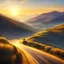 Placeholder: Sunrise bathes a winding road in golden hues, nestled among sloping hills, long shadows elongating the landscape, sky clear yet delicately veiled by morning haze over distant mountains, scene untouched by vehicles or footprints, epitomizing early morning solitude, ultra-clear, natural light, golden ratio, digital painting