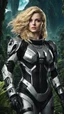 Placeholder: wide-angle Photo of a Sci-fi woman, with blond hair, wearing a silver and black spacesuit looking like an android, on an alien jungle planet