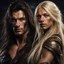 Placeholder: muscular male mountain man with long dark hair with a petit female long blonde hair, dark fantasy,