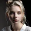 Placeholder: woman, twenty years old, white blond shortish hair, wavy, strong facial features, sof nose, light grey eyes, light pale skin, rose lips whithe shirt, portrait, close up, beatiful young woman, many shadows, hair tied in a bun, loose strands framing face