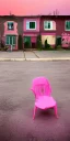 Placeholder: Snoop dogg, sitting. a chair. pink houses, pink sky, pink smoke, trees, outdoors. Groove street. 28mm