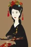 Placeholder: portrait, asian lady sitting on the throne, triangular face, thin lips, brown eyes, black hair, dangerous, details, texture, flowers, Minimalism, Romanticism, Expressionism, Impressionism