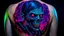 Placeholder: An amazing dark psytrance art tattoo of a zombie from The Walking Dead show on a human back, on a dark background under UV light, vivid and vibrant neon tattoo ink, detailed, intricate, high contrast.