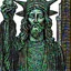 Placeholder: line toned, hedcut, wsj style, statue of cruicified Jesus of Liberty with a beard and wearing a cross and hanging from a cross, The statue male, hyperdetailed intricately detailed photoillustration ink drawing dystopian 8k resolution entire body of the statue is in the picture. digital illustration telephoto lens photography , same colors as the us treasury's one dollar bill, crucified"