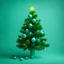 Placeholder: a branch of a Christmas tree on a turquoise background with bright green New Year neon green toys