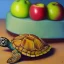 Placeholder: Oil painting style turtle and apple