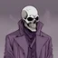 Placeholder: warlock, skull mask, ash purple trench coat, dark, ominous, ash purple, grey background, profile picture
