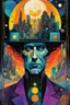 Placeholder: Create a chaotic abstract cubist Tarot Card depicting a post apocalyptic, The Magician , with highly detailed facial features, in the style of Bill Sienkiewicz, Philippe Druillet, Gustav Klimt, and Jean Giraud Moebius, precisely drawn, colored and inked