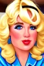 Placeholder: cartoon portrait of a very feminine, sexy busty blonde stewardess in tight blue uniform with big golden hair, strong makeup, big smoky eyes with long lashes, pouty inviting luscious cocksucker lips and large golden earrings