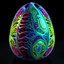 Placeholder: hyper detailed colorful subtractive egg fractal design with alien inside egg.