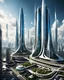 Placeholder: Stunning hyperrealistic futuristic urban landscape, cutting-edge modern architecture combined with innovative science fiction elements. Tall skyscrapers with sleek, minimalist designs are juxtaposed with curved structures. Sky full , the air vibrates with energy. The overall atmosphere captures the essence of progress and innovation, showing the imagination and creativity of humanity