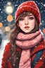 Placeholder: Painting of a cute girl in a red hat and scarf, pretty face, snowfall in the background, bright night