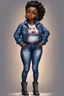 Placeholder: n this expressive oil painting illustration, we encounter a chibi cartoon rendition of a voluptuous black female exuding confidence and style. She stands proudly in her blue jean outfit, the denim fabric hugging her curves in all the right places. Her attire is completed by a pair of sleek biker boots, adding a touch of edginess to her ensemble. The character's face is adorned with prominent makeup, enhancing her features with bold colors and sharp lines. Her hazel eyes sparkle with a hint of m