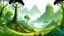 Placeholder: Cartoon illustration for children: Cenozoic rainforest full of mist, millions of years ago, with prehistoric trees, a volcano