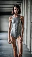 Placeholder: beautiful anorexic woman, total shot, short silver triathlon swimsuit, short brunette wavy bob hair, blurred concrete background