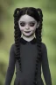 Placeholder: Wednesday Addams toddler, full body, jump, bokeh, hyper realistic